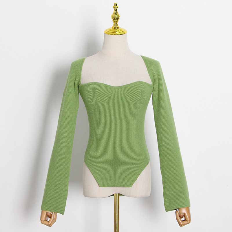 Square Neck Ribbed Knitted Sweater Long Sleeve Slim Fitted Tops