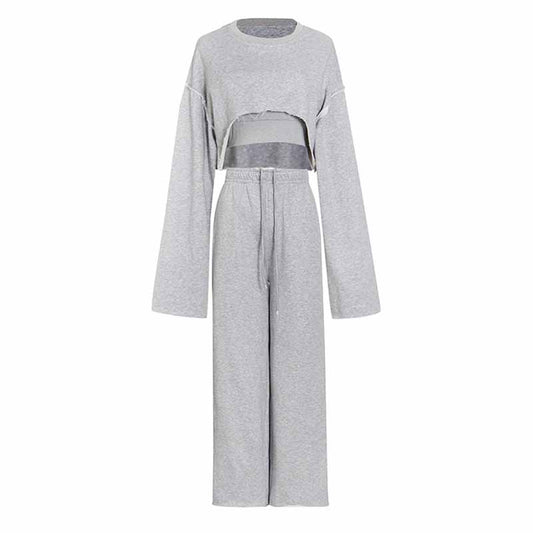 Women's casual 3 pieces pantsuits long sleeved hoodie with wide leg pants