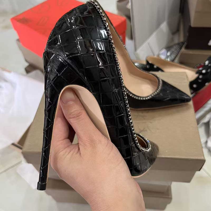 Black Checkered Rhinestone Stiletto Heels - Plus Size