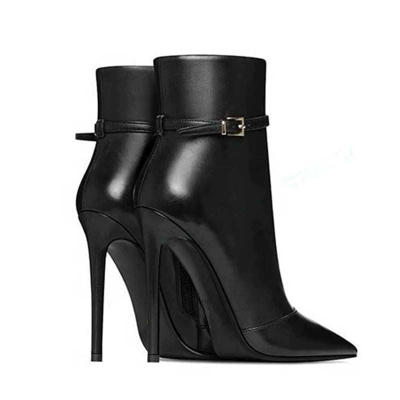 Black Faux Leather Pointed Toe Stiletto Ankle Boots with Buckle Strap