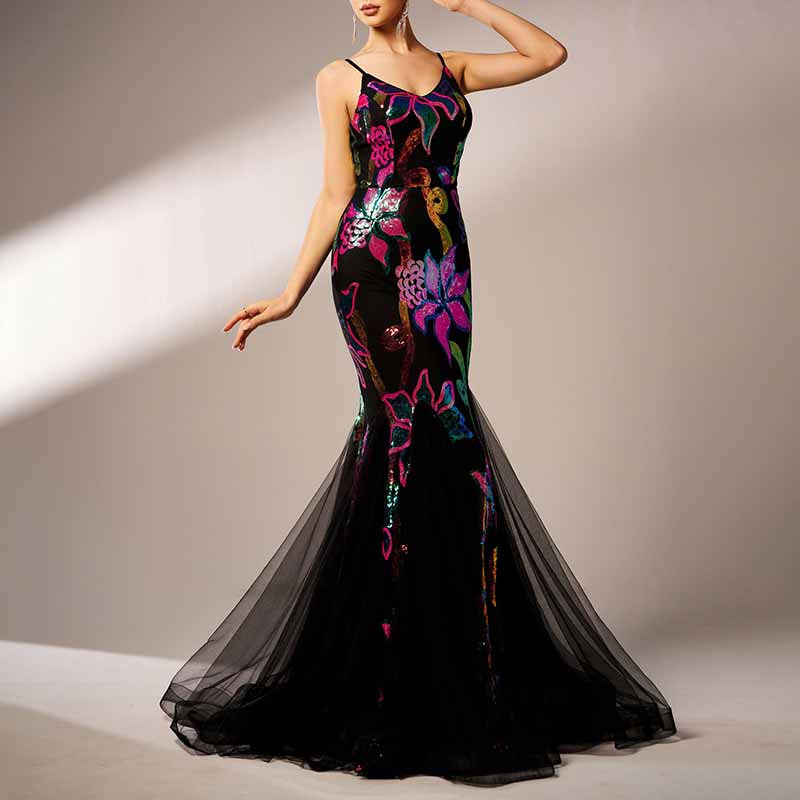 Black Floral Sequin Spaghetti Strap Prom Dress Mermaid Ball Gown Bridesmaid Dress