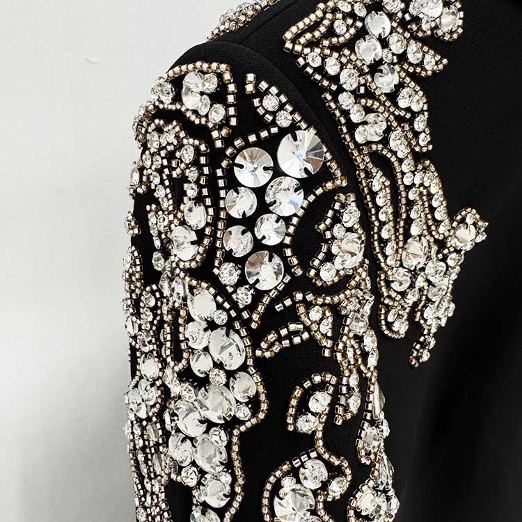 Deep-V Backless Long Evening Dress Black Crystal Beads Maxi Dress