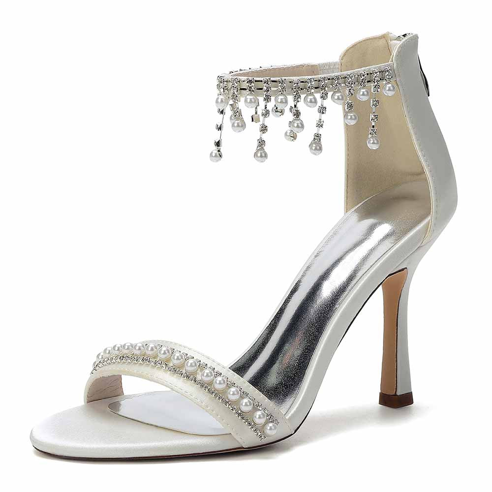 Bridal Sandals with Pearls & Rhinestones, Ankle Strap High Heels for Wedding Party Evening Dress