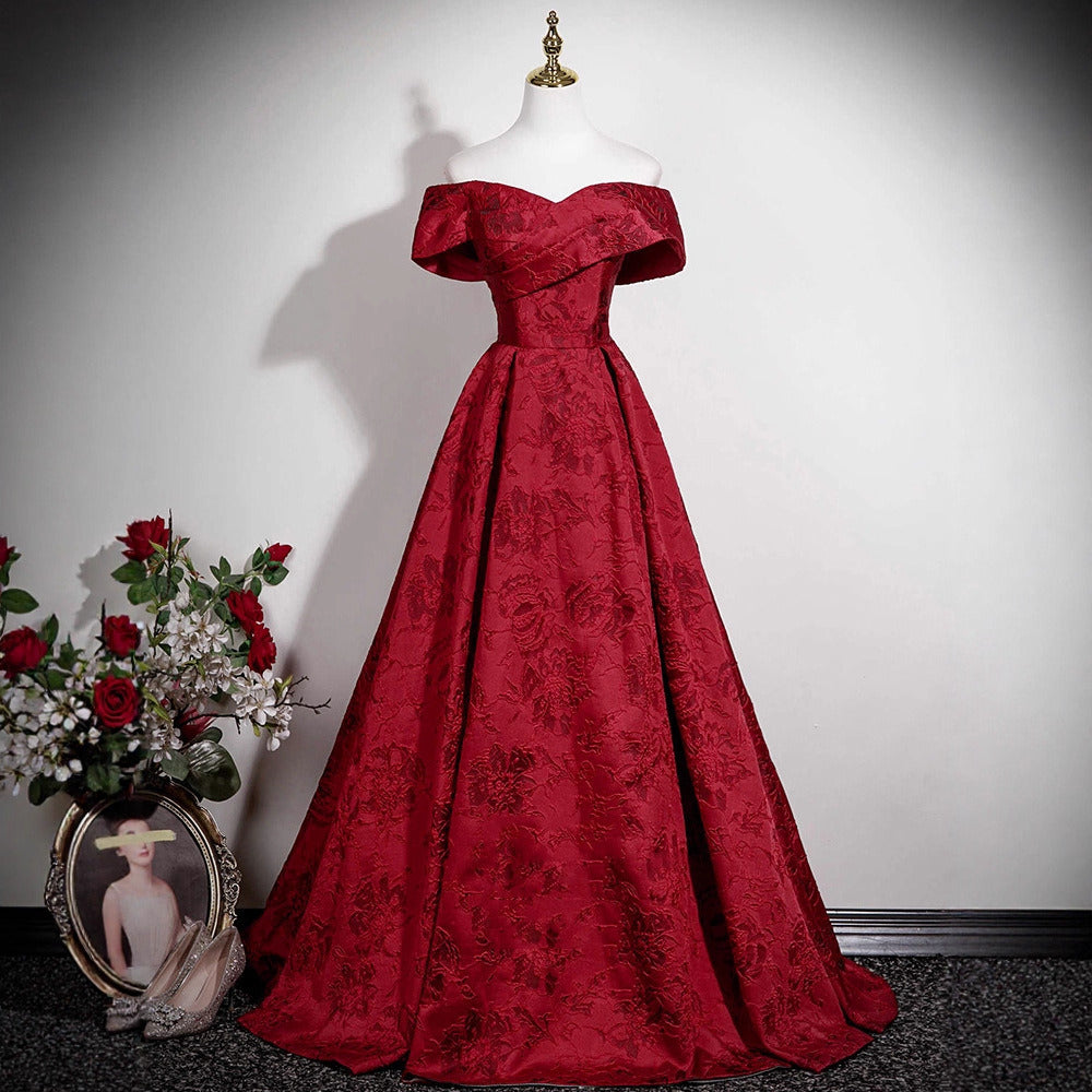 burgundy brocade dress Cocktail Party Shimmering Burgundy Dress, Straight-Cut Brocade Prom Dress, Celebration Long-Sleeved Elegant Dress, Luxury Feminine Dress