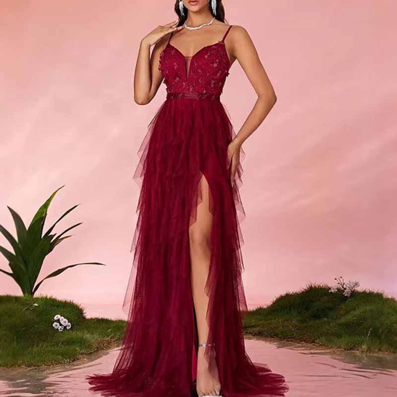 Burgundy Floral Tulle Prom Dress Strapless High Slit Long Evening Gown SD Dresscode & Fashiontrends Burgundy Floral Tulle Prom Dress Strapless High Slit Long Evening Gown SD Dresscode & Fashiontrends