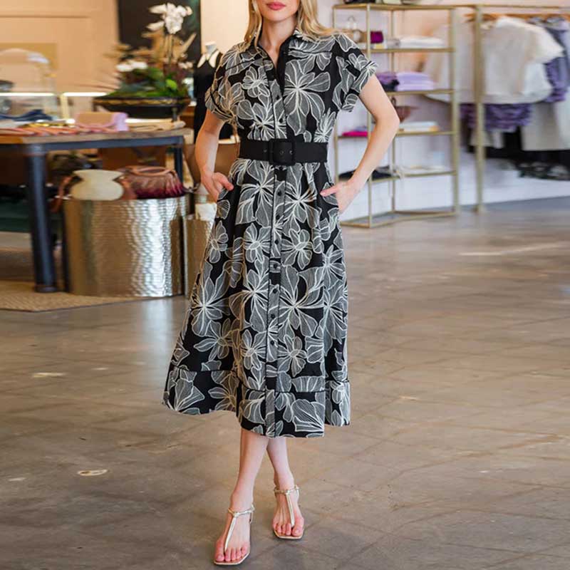Collared Black Floral Midi Dress Lace-Up Elegant Dress – SD Dresscode