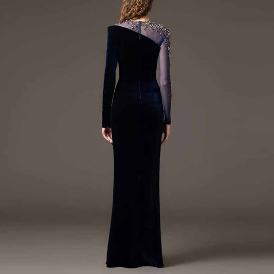 Crystal-Embellished Asymmetric Gown Dress Navy Blue Velvet Prom Dress