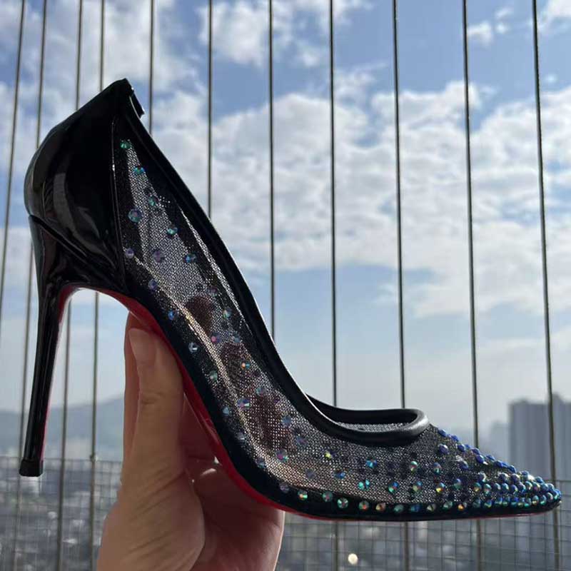 Custom Black Mesh Blue Rhinestone Stiletto Heels