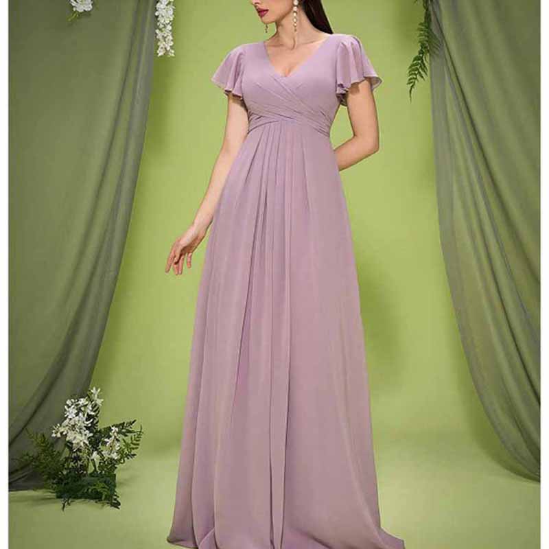 Dusty Pink V Neck Puff Sleeve Bridesmaid Dress Wedding Guest Outfit SD Dresscode & Fashiontrends Dusty Pink V Neck Puff Sleeve Bridesmaid Dress Wedding Guest Outfit SD Dresscode & Fashiontrends