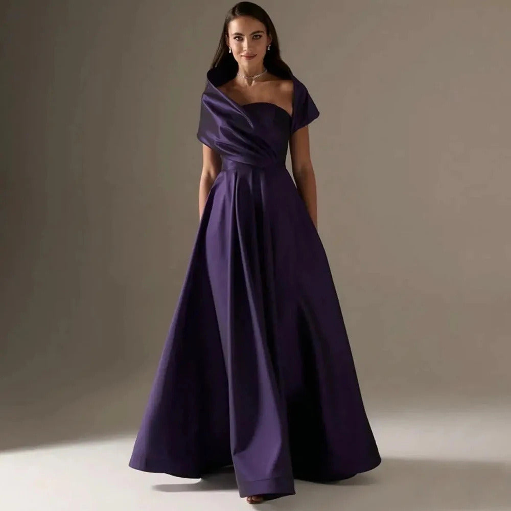 Elegant Eggplant Purple Evening Gown with Draped Off-Shoulder Neckline SD Dresscode & Fashiontrends Elegant Eggplant Purple Evening Gown with Draped Off-Shoulder Neckline SD Dresscode & Fashiontrends