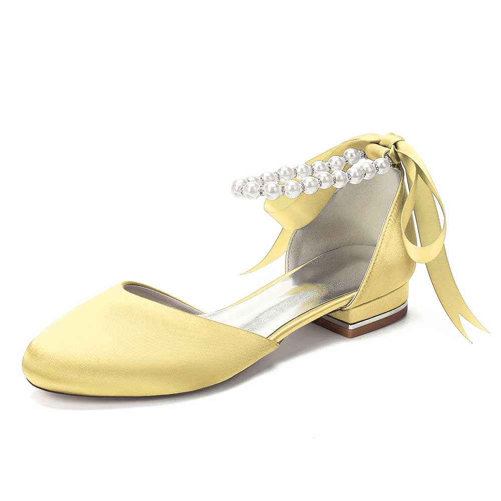 Elegant Pearl Ankle Strap Flats – Comfortable Low Heel Wedding & Bridal Shoes