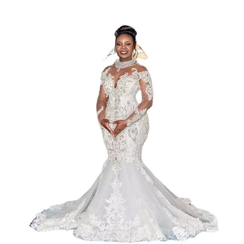 Illusion Neck Lace Mermaid Wedding Gown – Long Sleeves, Beaded Bridal Dress with Train