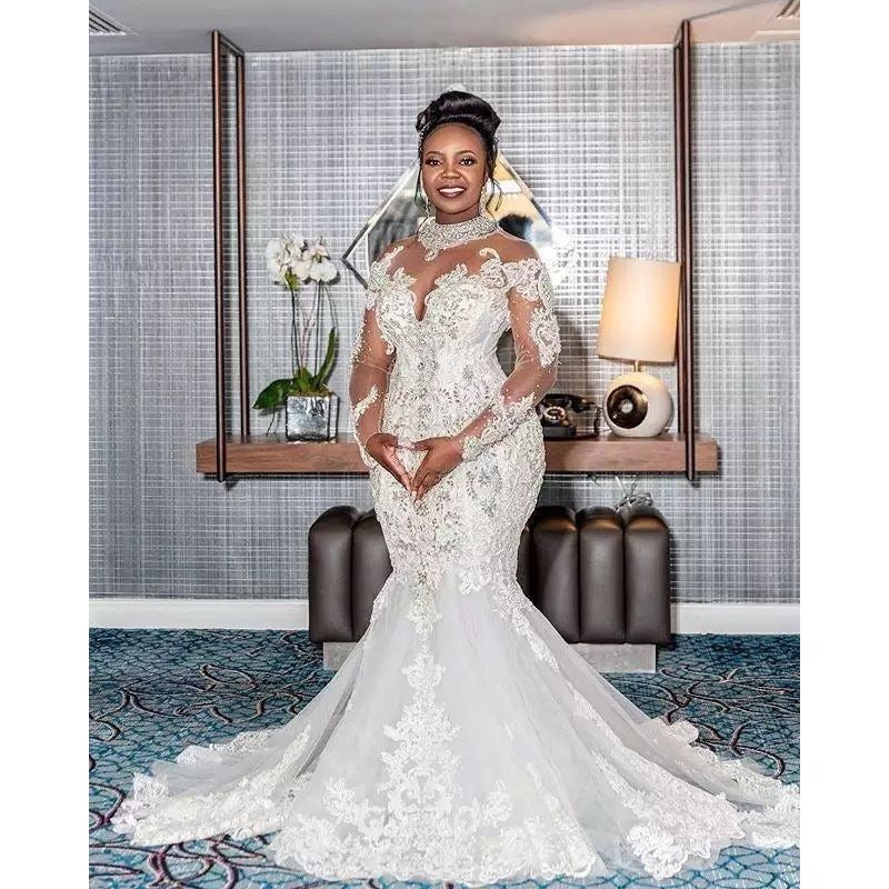 Elegant lace mermaid wedding gown with illusion neckline and long sleeves​  – SD Dresscode & Fashiontrends