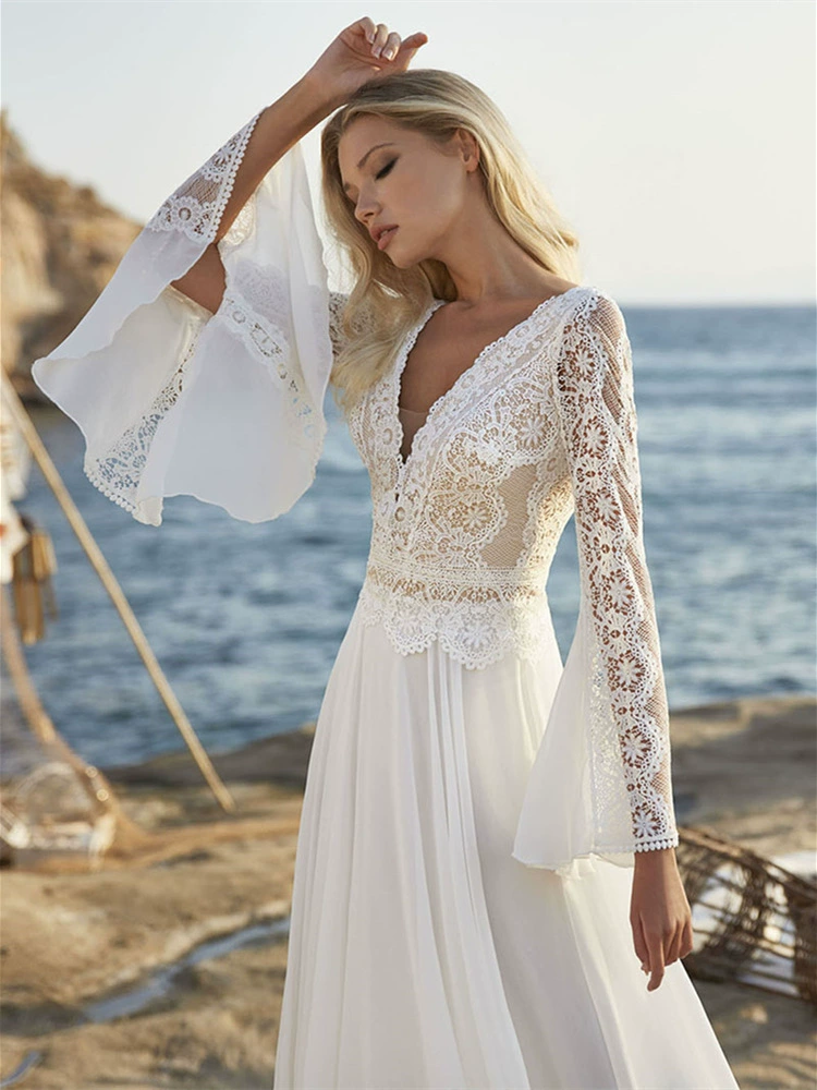 Ethereal Long-Sleeve Lace Wedding Dress with V-Neck & Flowing Tulle Skirt