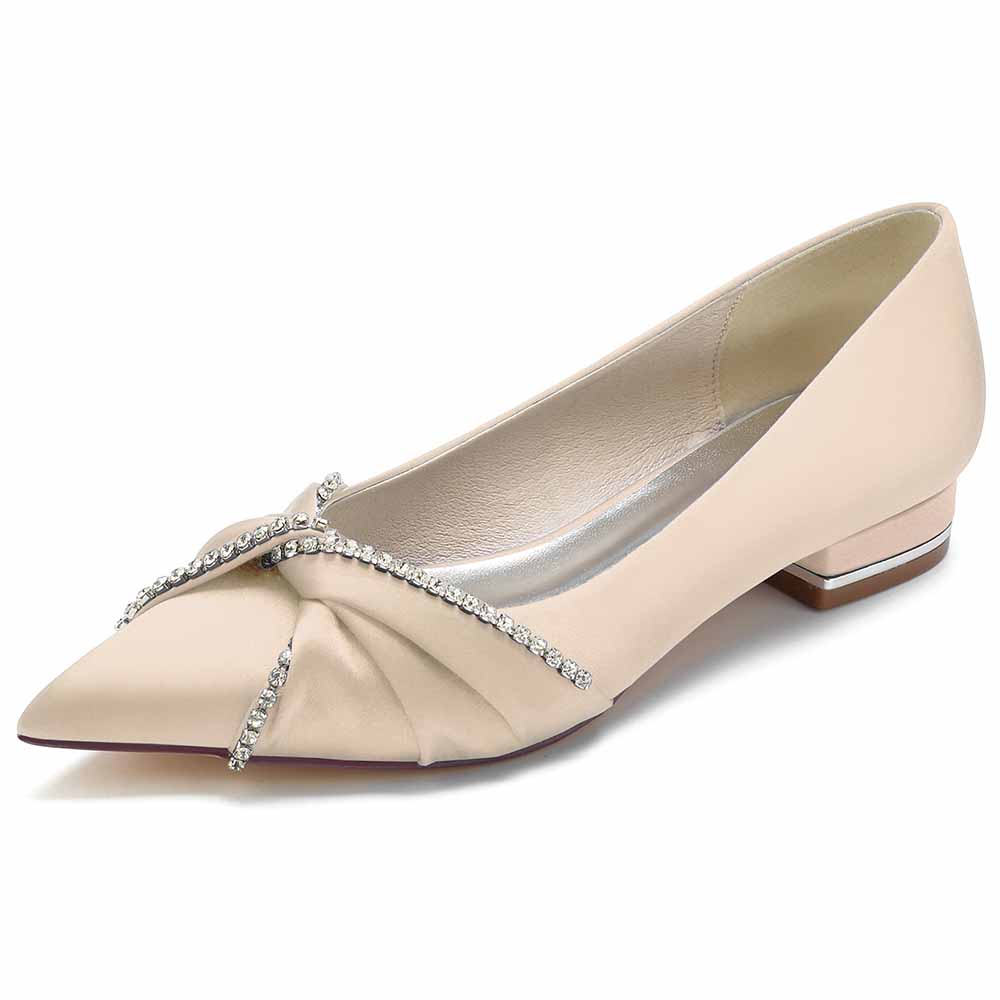 Women Wedding Flat Satin Bridal Shoes with Beaded Bow