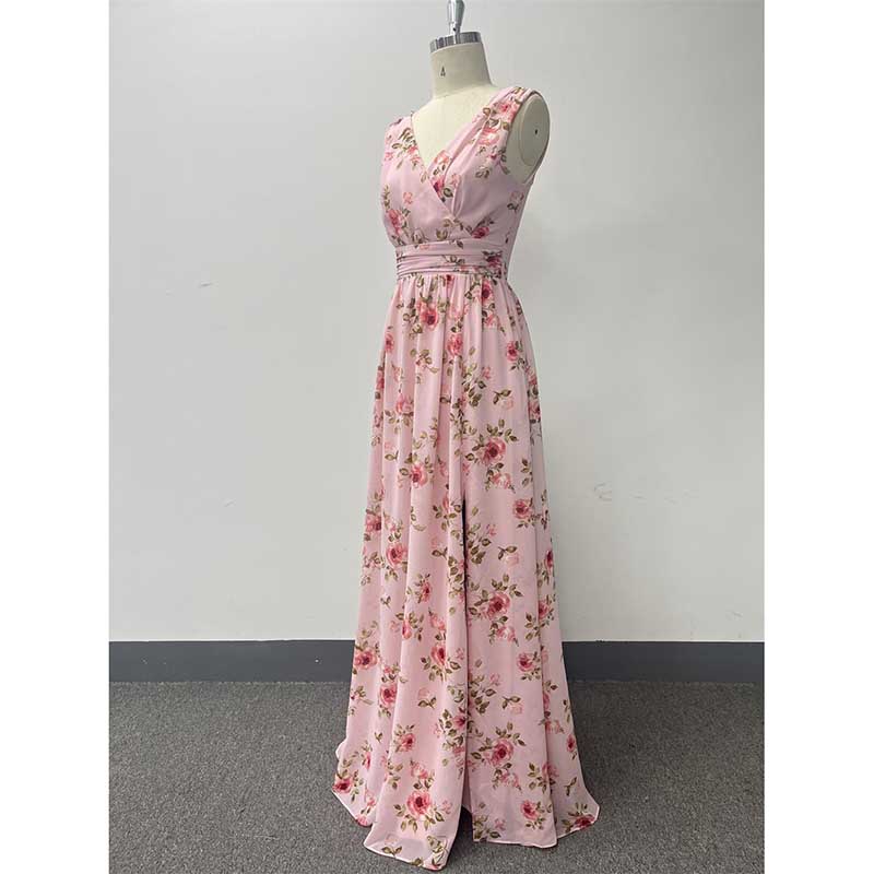 Floral Long Prom Dress High Split Pink Bridesmaid Dress Chiffon A Line Dress