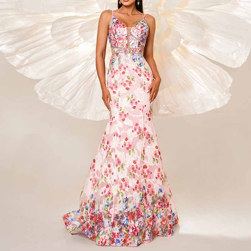 Pink Floral Spaghetti Strap Prom Dress Mermaid Wrap Ball Gowns Long Maxi Dress