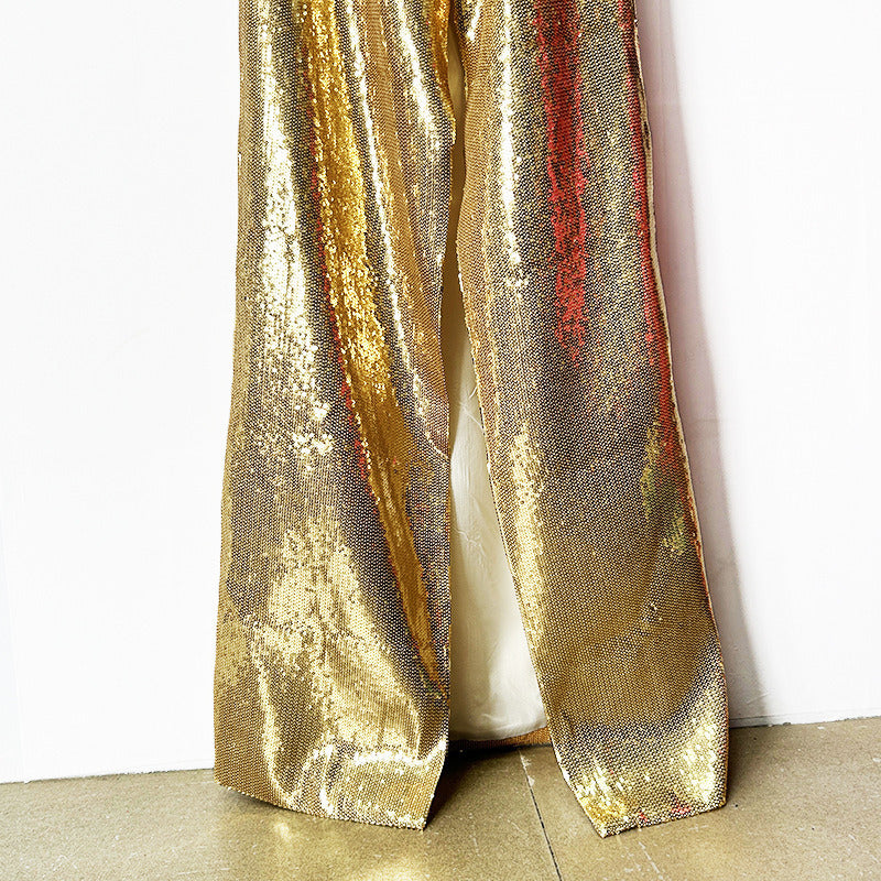 Gold Halter Deep V-Neck Sequin Maxi Dress – Sleeveless Glam Evening Gown for Parties & Formal Events