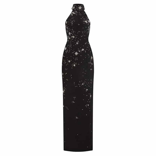 Halter Crystal Embellished Maxi Dress Black