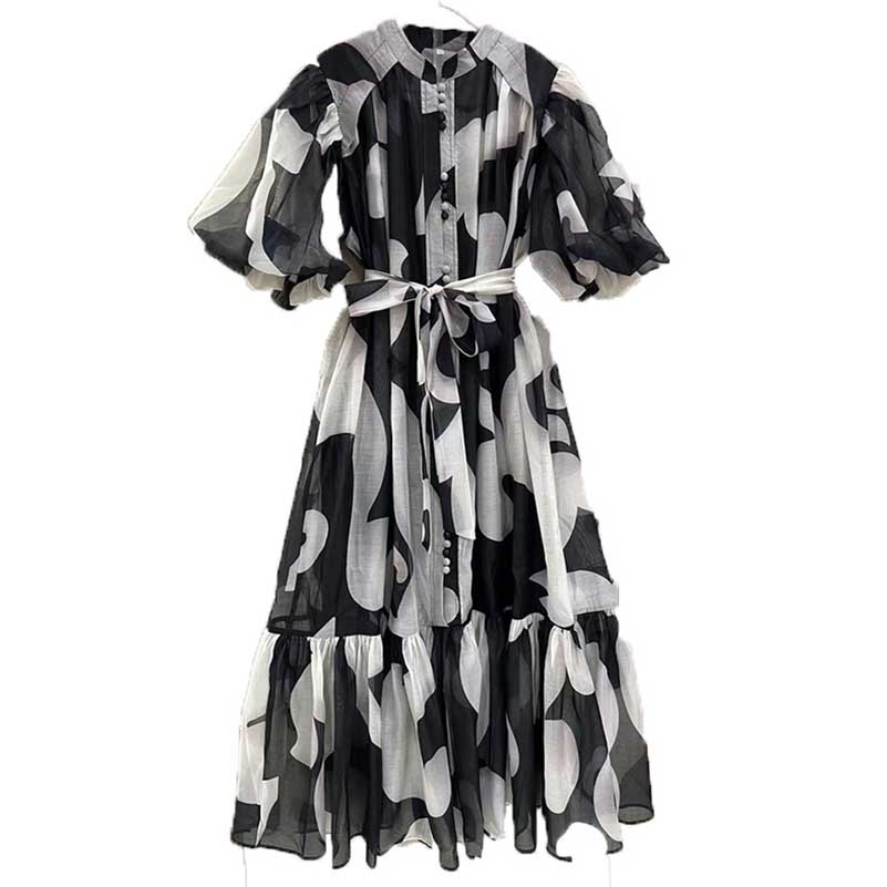 High Neck Floral Midi Dress Short Sleeves