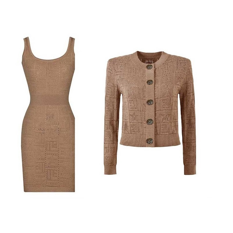 Knit Crop Top Khaki Cardigan + Midi Dress Set Two Pieces Dress Suit