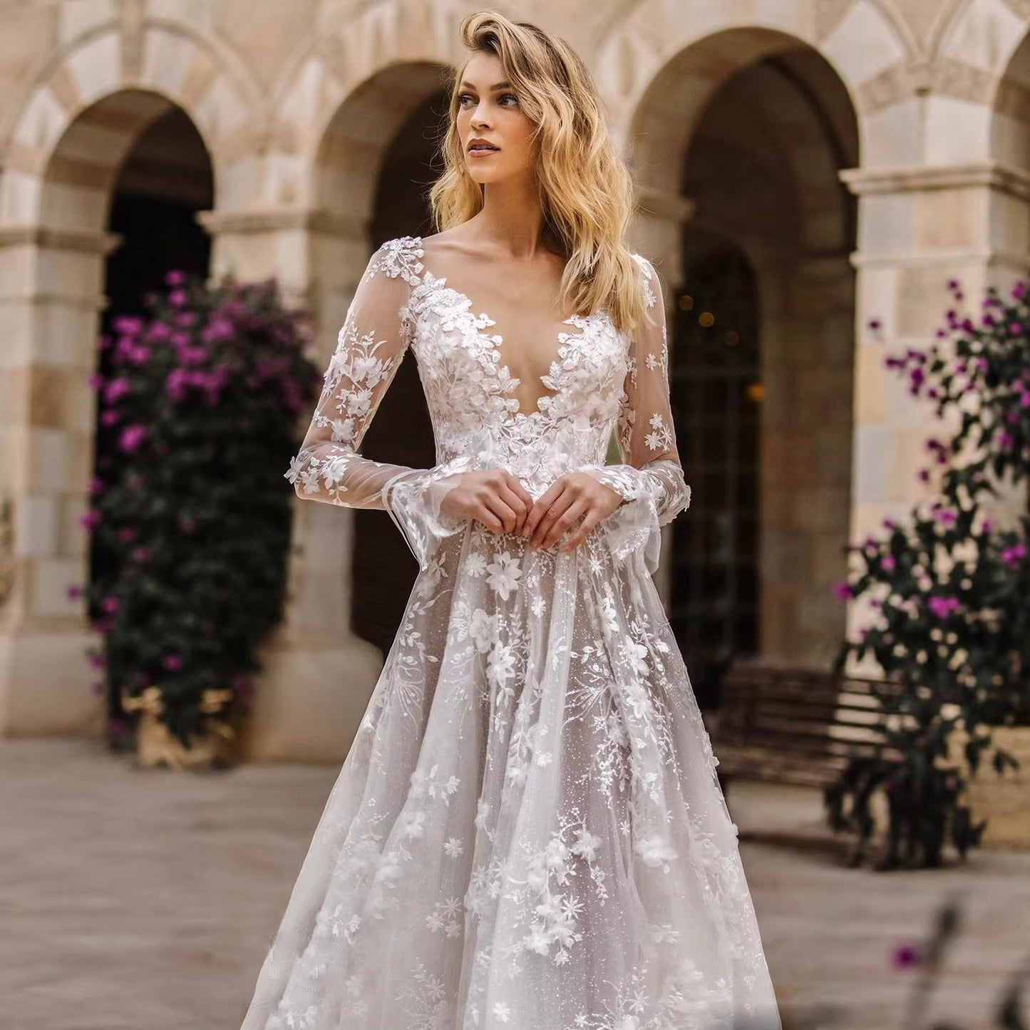 Lace Tulle Wedding Dress – Long Sleeve V-Neck, Boho Ball Gown