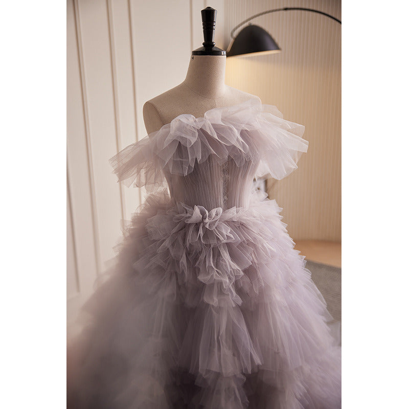 Lavender Strapless Tulle Ruffle Evening Gown with Cascading Layers