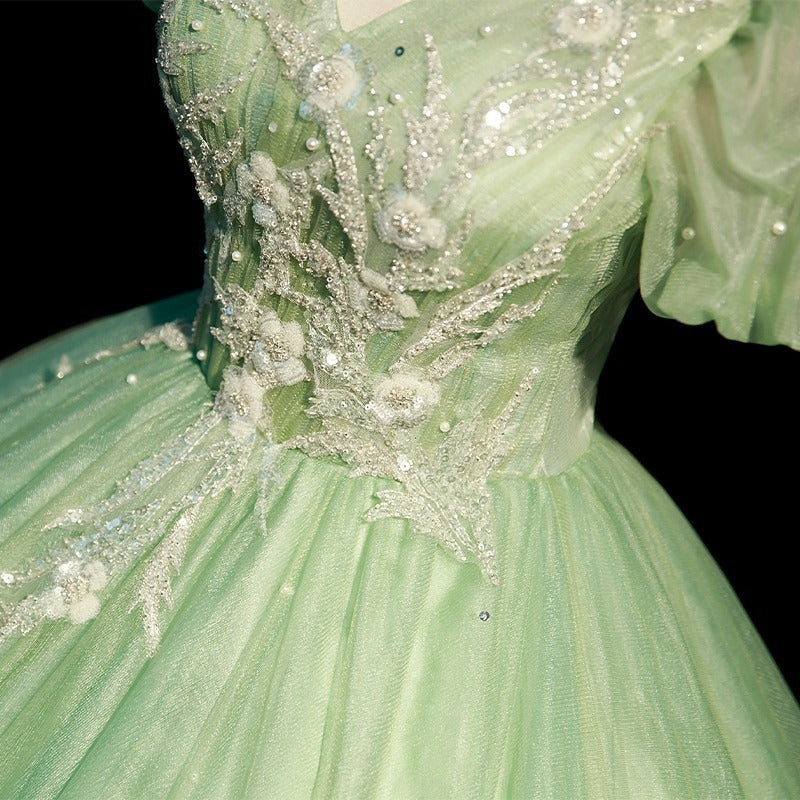 Light Green V-Neck Prom Dress with Sleeves | Puff Short Sleeve Lace Applique Evening Gown | Elegant Tulle Party Dress