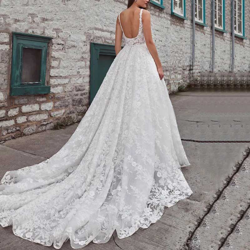 Lace Tulle Wedding Dress Spaghetti Strap Backless A-Line Bridal Dress