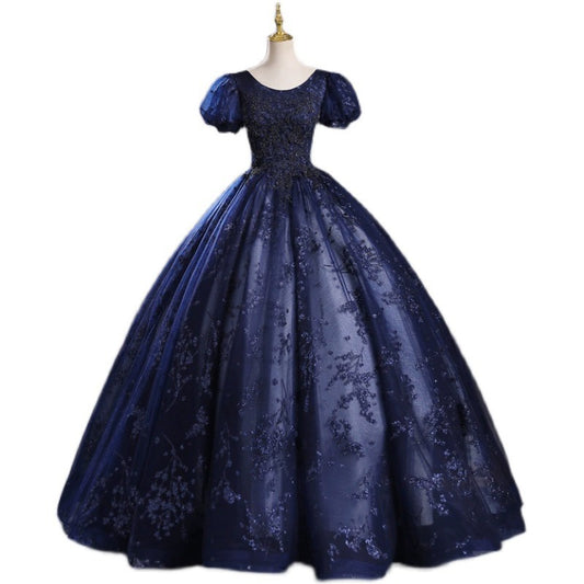 Long Navy Blue Floral Prom Dress with Sleeves | Vintage Lace Appliqué Evening Gown for Formal Party
