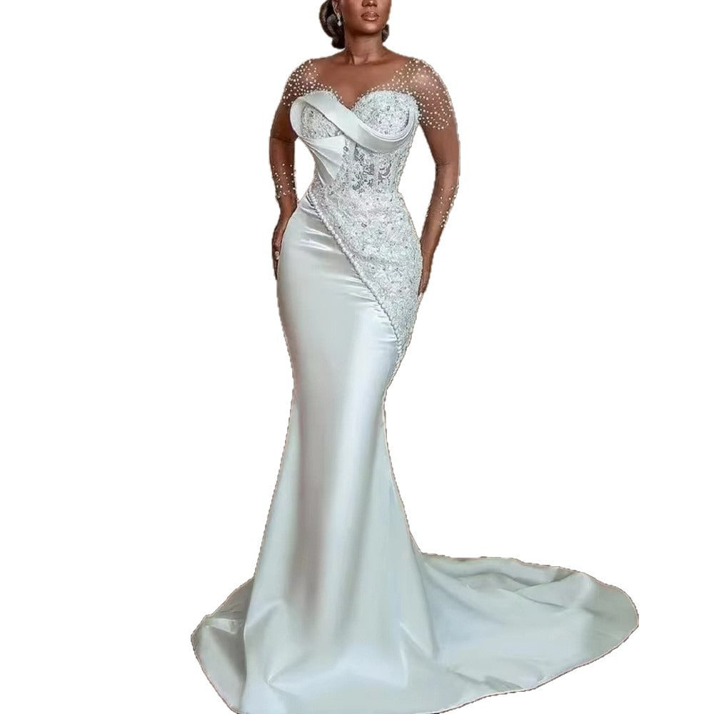 Mermaid Wedding Dress – Beaded Illusion Sleeves, Lace Appliqué, Satin