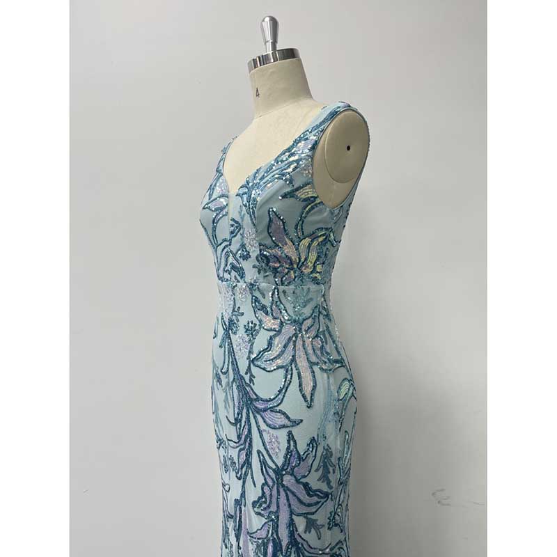 Mermaid Wedding Guest Dress Blue Long Evening Dress Floral Sequin Bridesmaid Dress