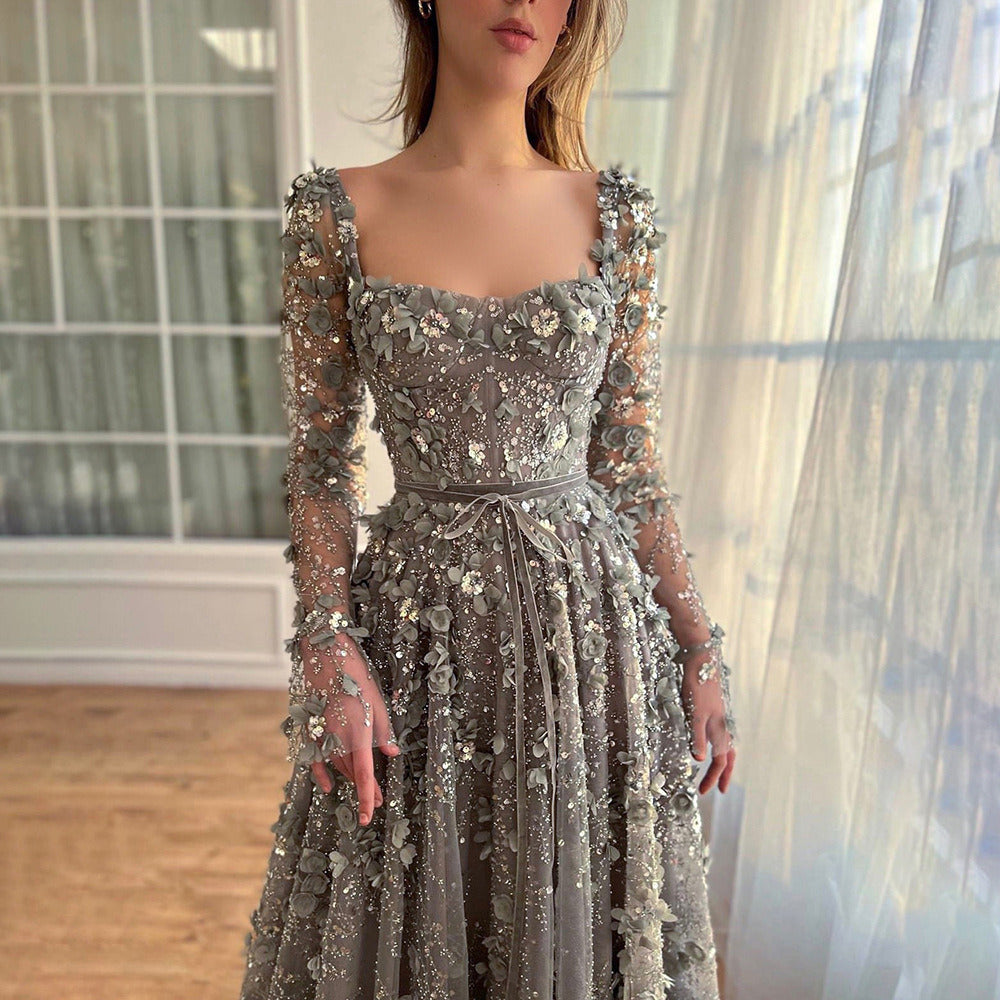 Long Sleeve Floral Tulle Evening Dress Prom Gown for Wedding Banquet