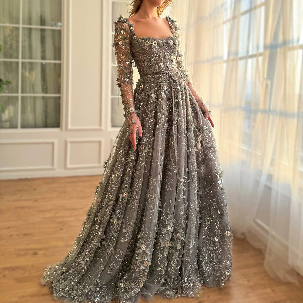 Long Sleeve Floral Tulle Evening Dress Prom Gown Formal Ball Gown for  Wedding Banquet – SD Dresscode & Fashiontrends
