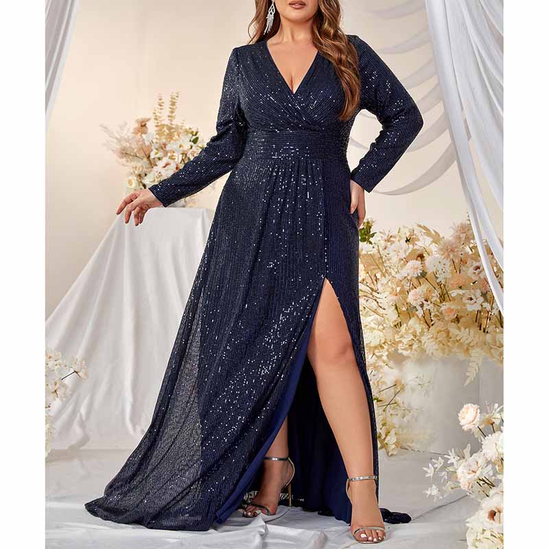 Long Sleeve Prom Dress Navy Blue Sequin V Neck Slipt Maxi Dress