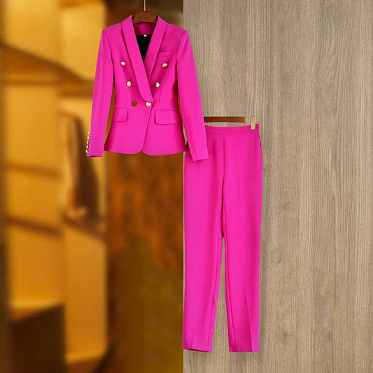 Women Shawl Collar Golden Buttons Blazer + Cropped Pants Trousers Pantsuit Suit Hot Pink