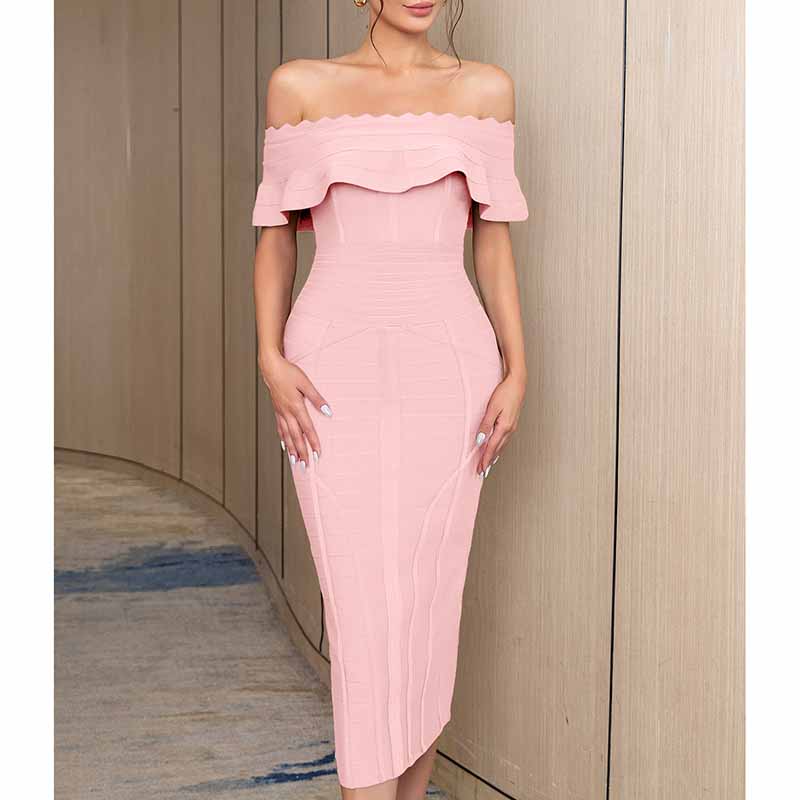 Women's Off Shoulder Ruched Bodycon Wedding Guest Cocktail Party Formal Dress
