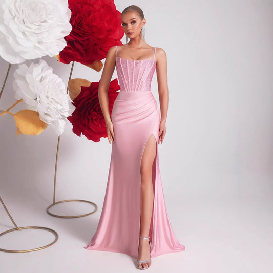 Pink Evening Gown – Crystal Appliques High Slit Mermaid Dress for Formal Events & Prom