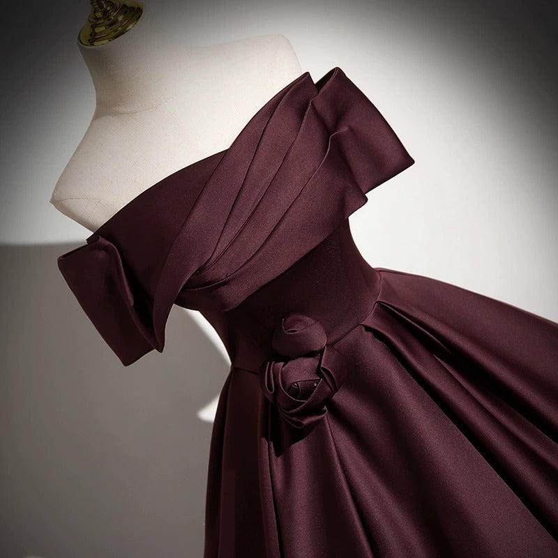 Wine Red Off Shoulder Ball Gown | Satin Prom & Wedding Guest Dress for Formal Events