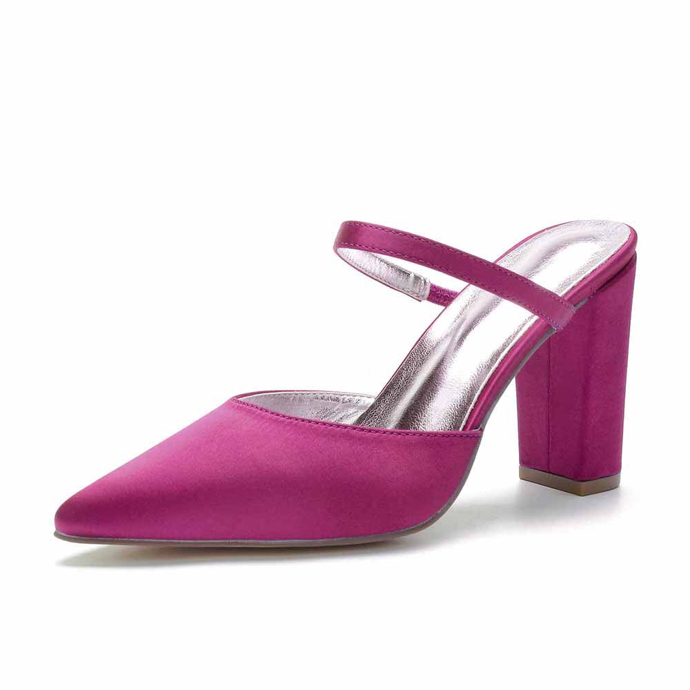 Women hand-made chunky heels party satin slippers