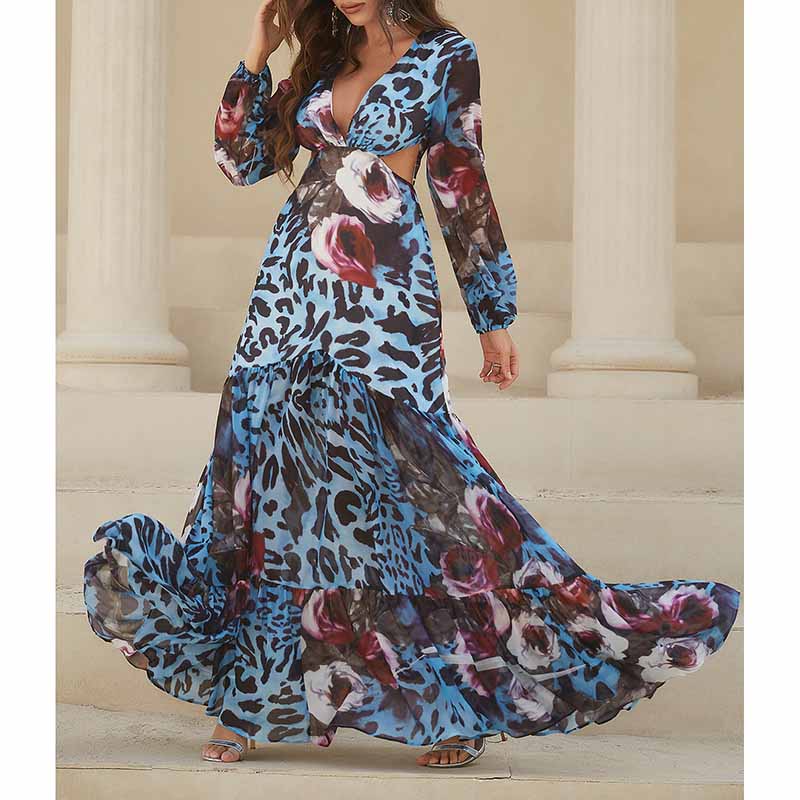 Womens Long Sleeves Blue and Black Floral-Printed Maxi Dress – SD