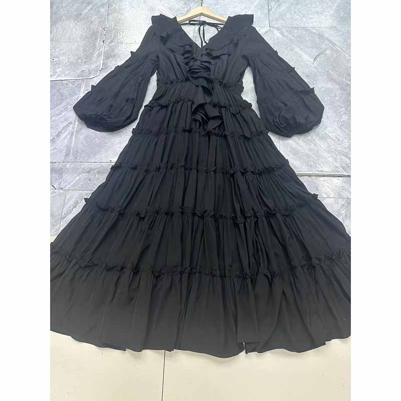 Long Sleeve Red Ruffles V-Neck Maxi Dress