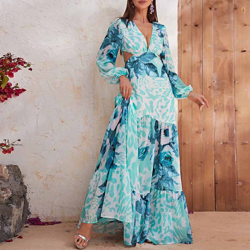 Womens Long Sleeves Blue Floral-Printed Maxi Dress โ SD Dresscode