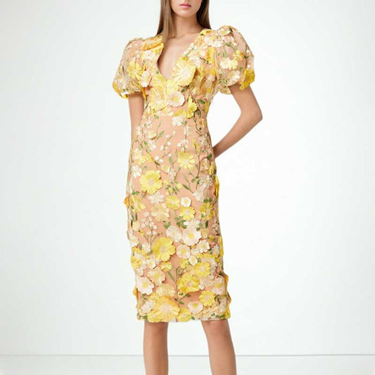 3D Flower Midi Dress Puff Sleeve Embroidered Midi Length Dress