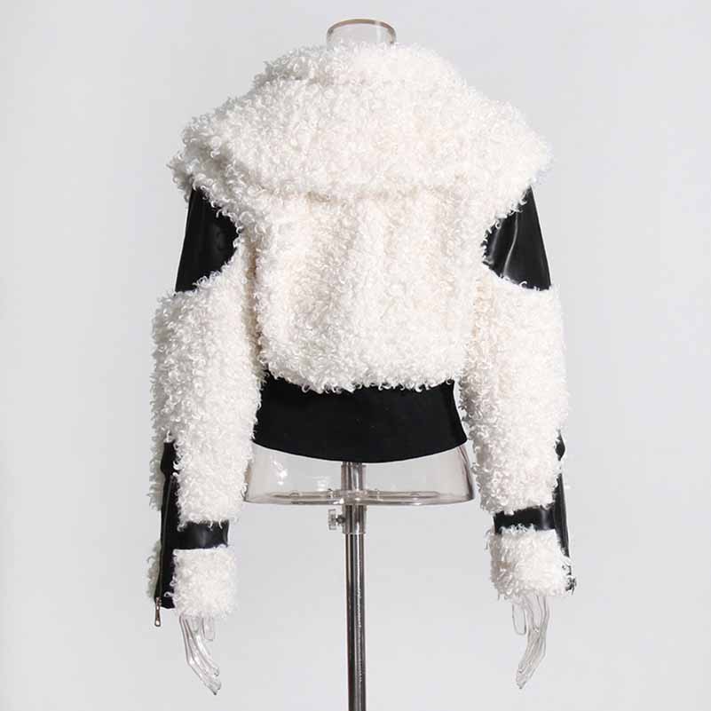 Women's Winter Coat Spliced PU Leather and Lambwoolen Outwaer Coat