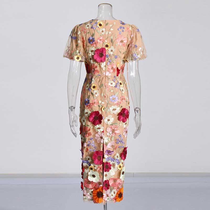 3D Flower Midi Dress Puff Sleeve Embroidered Midi Length Dress