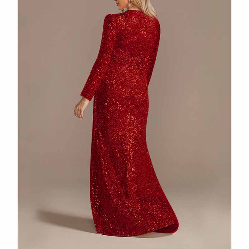 Womens V Neck Sequin Evening Formal Dress Long Sleeves Maxi Plus Size Prom Dress