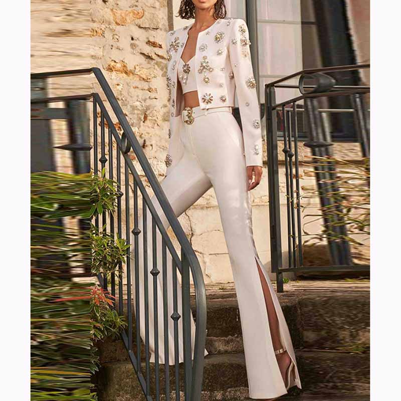 Women Hand Sewn Pearls Jewellery Crop Pantsuit Blazer Jacket