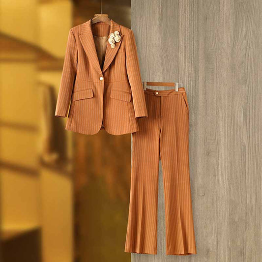 Women Caramel Pantsuit Fitted Blazer + Mid-High Rise Trousers Pantsuit Suit Formal Wear