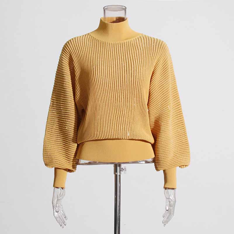 Women Stand Collar Lantern Sleeve Sweater